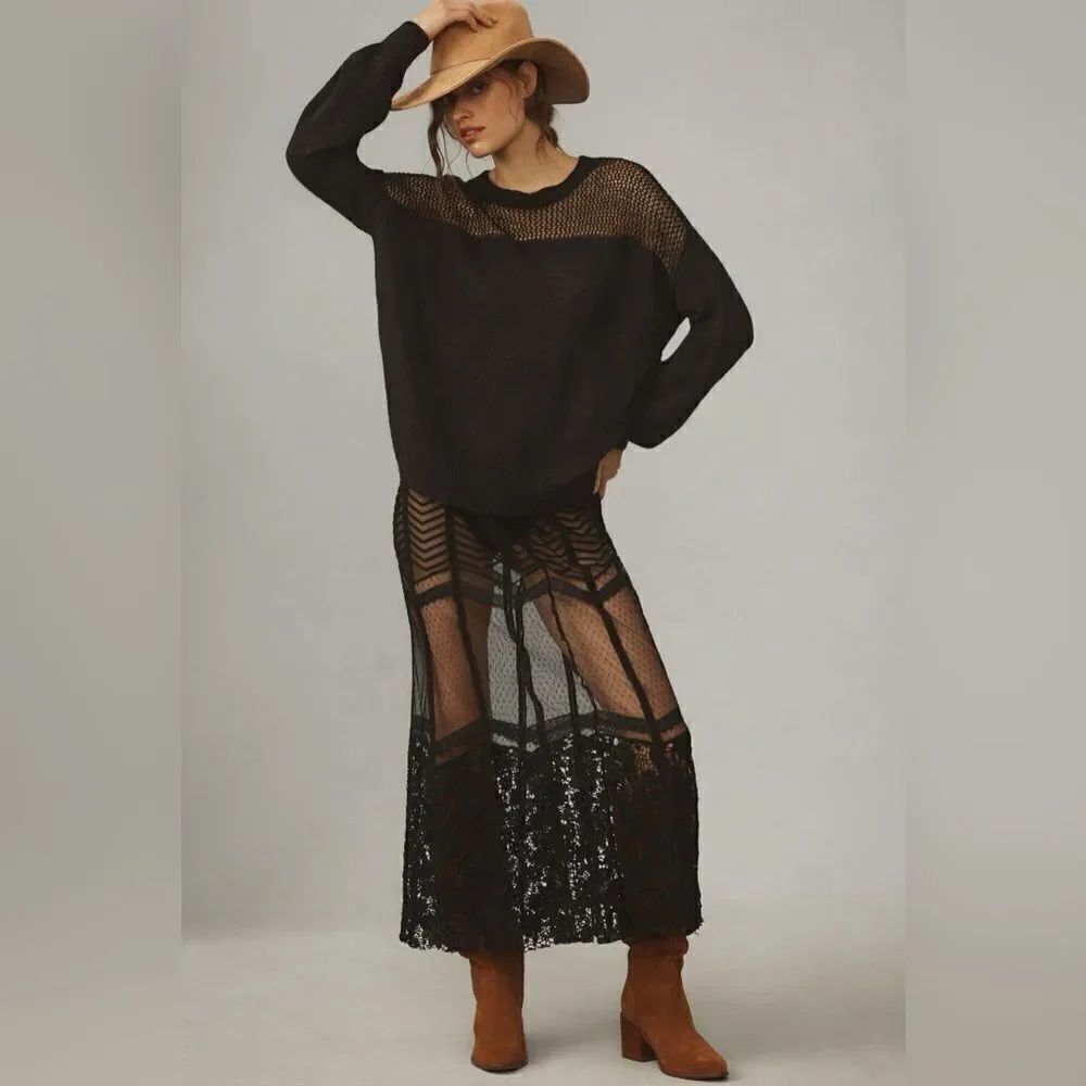 Anthropologie Caballero Sheer Pullover Sweater New With Tags XL BLACK